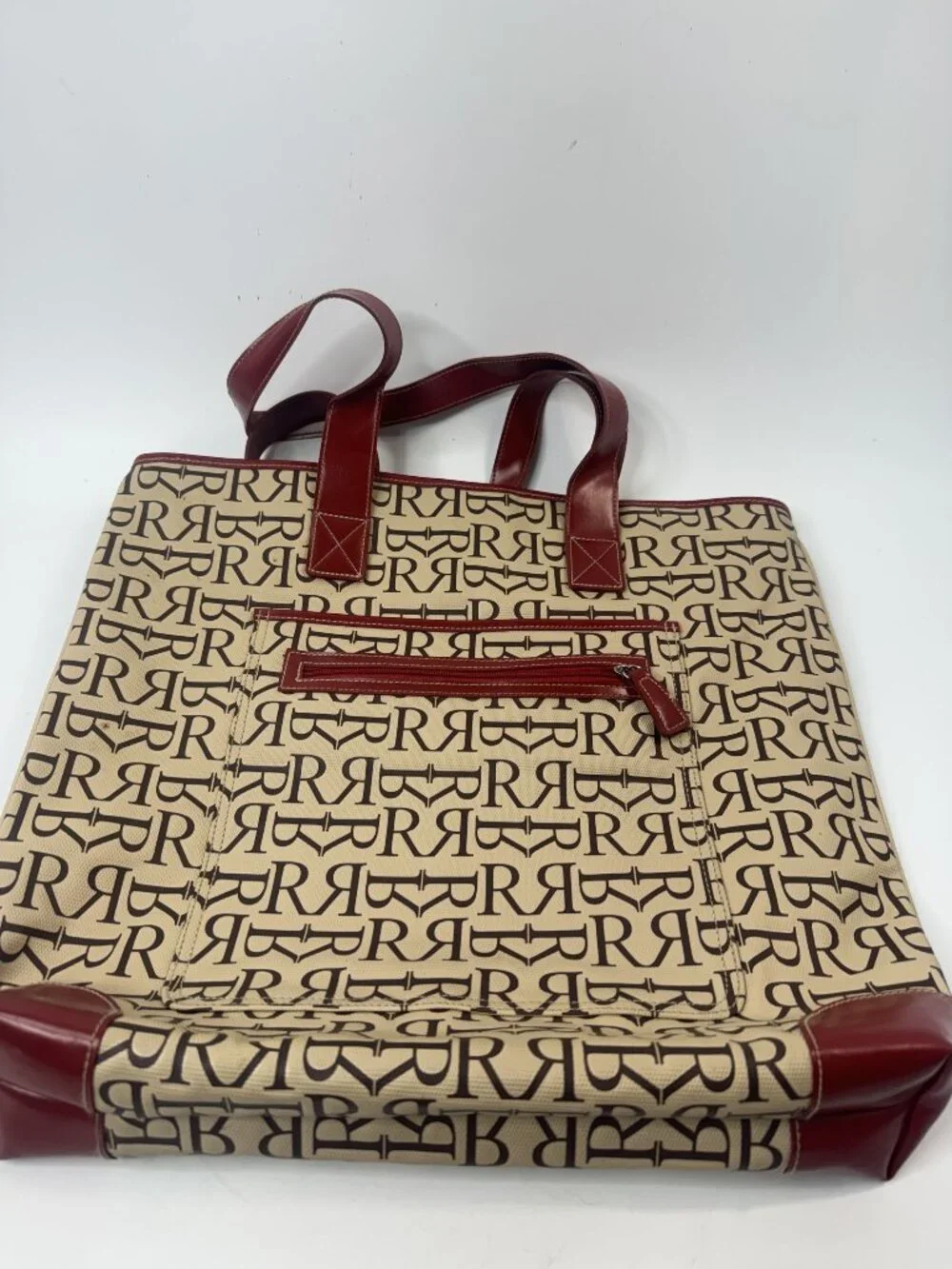 Large Red & Beige Monogram Tote Bag With Leather Trim & Zippered Po